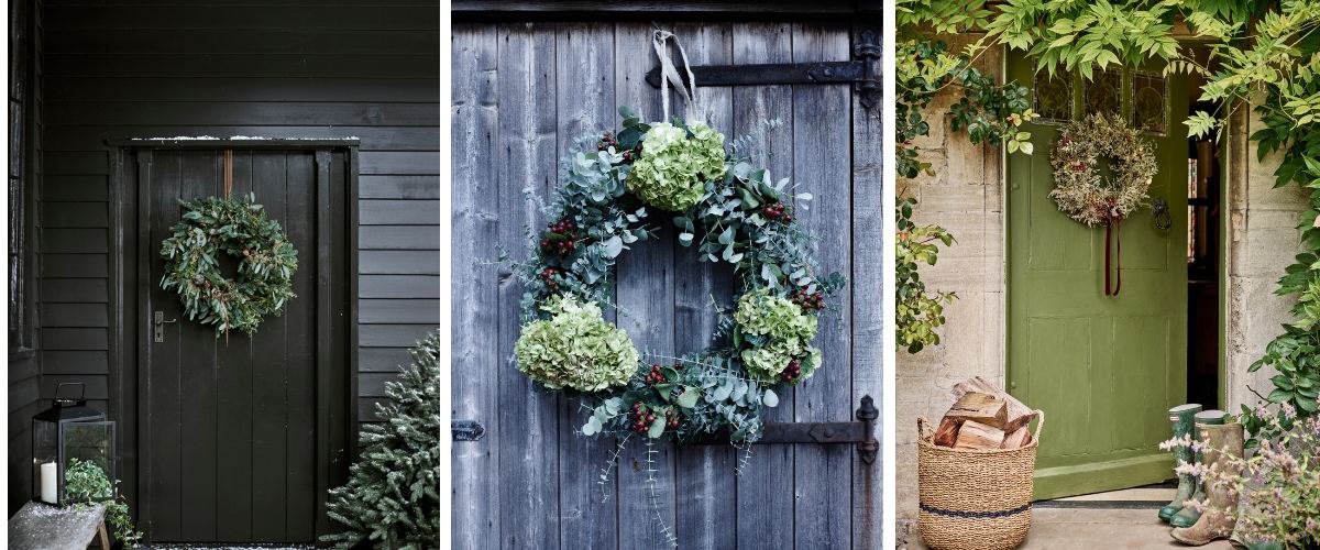 Christmas wreaths hanging on front doors